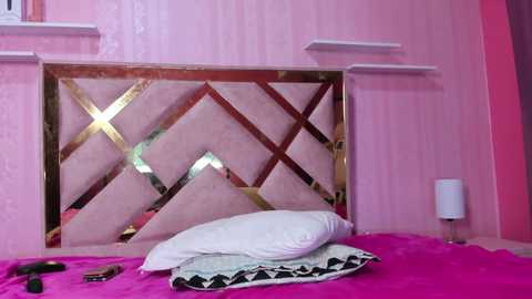 Media: Video of a pink bedroom with a white and gold geometric-patterned headboard, white pillow, and a vibrant pink bedspread. The walls have a textured, pastel pink wallpaper.