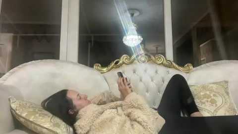 Media: Video of a woman in a plush beige couch, wearing a cozy sweater, holding a smartphone, looking relaxed. Behind her, a luxurious gold-framed mirror reflects a crystal chandelier, creating a glamorous indoor setting.