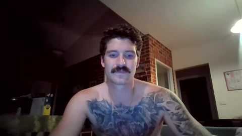 Media: Video of a shirtless man with dark curly hair, mustache, and intricate chest tattoos, sitting indoors with a dimly lit room background, featuring exposed brick wall, a door, and framed artwork.