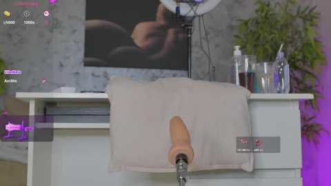Media: Video of a white desk with a beige towel draped over a dildo, surrounded by green plants and a studio light, in a modern room with a blurred abstract wall art.