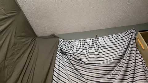 Media: Video of a bed corner with a striped bedsheet draped over a beige wall and ceiling. The bedsheet is white with black horizontal stripes. The room has a plain, utilitarian feel with a textured, off-white ceiling and muted green walls.