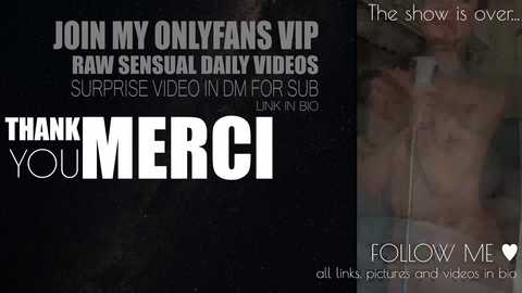 Media: Video collage featuring a shirtless man with a tattooed chest, partially blurred, with text promoting OnlyFans, thanking followers, and encouraging subscriptions.