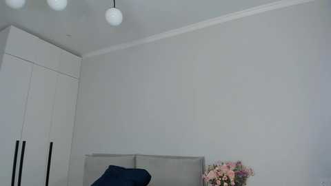 Media: A minimalist bedroom video with a white wall, a gray headboard, a dark blue pillow, and a bouquet of pink flowers in a vase on the floor.