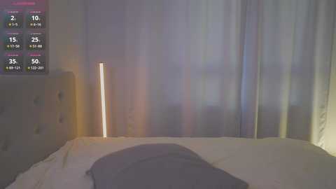 Media: A video of a dimly lit bedroom with a gray upholstered headboard, a white bed with a gray pillow, and sheer curtains. The background shows a digital clock display with time 2:10 AM and temperature 35\u00b0F.