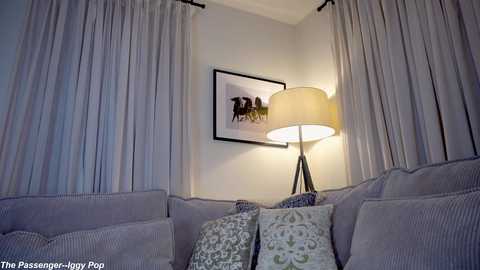 Media: Video of a cozy living room corner with a light gray sofa, patterned pillows, a large floor lamp, and beige curtains framing a framed horse painting on the wall.