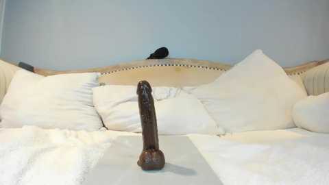 Media: Video of a bedroom featuring a dark brown, realistic-looking dildo on a neatly made white bed with plush pillows and a beige headboard. The background is a light blue wall, creating a serene and somewhat provocative setting.