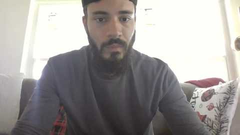 Media: Video of a bearded man with a medium build, wearing a gray T-shirt, sitting on a couch with patterned pillows in a brightly lit room with white walls and windows.
