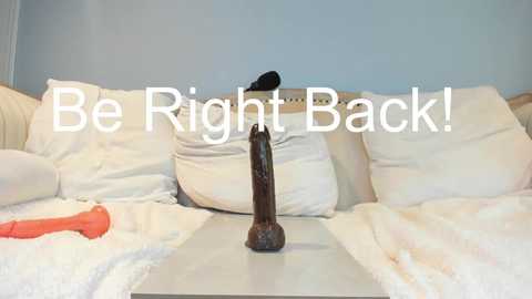 Media: Video of a messy bedroom with white bedding, a dark wooden dildo on the floor, a black sock on the bed, and text overlay: \"Be Right Back!\