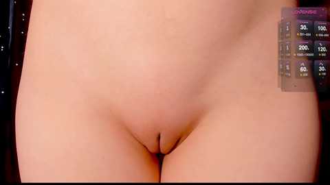 Media: Video of a nude woman's lower abdomen and genital area, featuring fair skin and a small, neatly trimmed pubic area. Background includes a dimly lit, dark room with a digital screen displaying weather information.