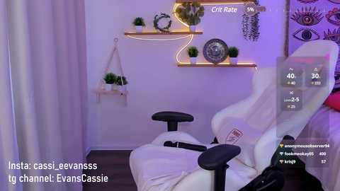 Media: Video of a modern, minimalist home spa room with white walls, a white massage chair, hanging plants, and a purple neon sign, overlaid with Instagram post text.