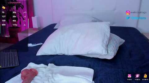 Media: Video of a dimly lit bedroom with a dark blue bedspread, a white pillow, and a small, partially eaten chocolate bar on a white cloth.