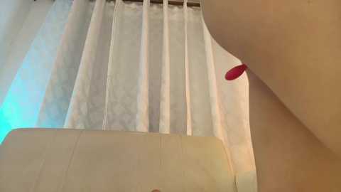 Video of a white curtain with vertical stripes, a red flower on the left, and a beige couch visible on the right. The image has a soft, pastel color palette.