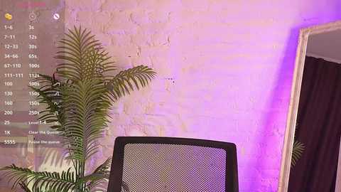 Video of a modern office scene with a textured brick wall, fern plant, and black mesh chair under purple lighting.