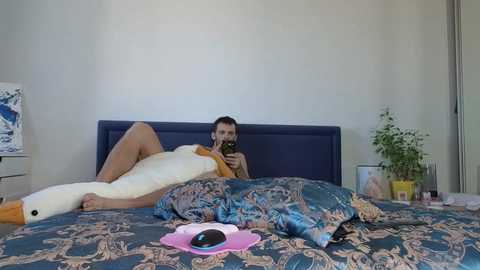 Media: A video of a man lying on a bed, covered in a blue and white patterned duvet, holding a smartphone, surrounded by a messy room with a painting on the left.