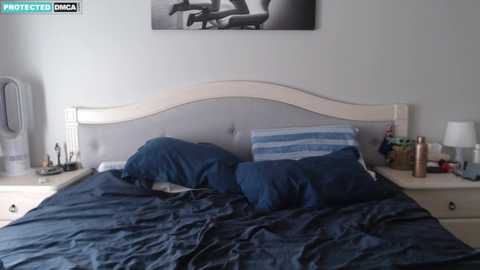 Media: Video of a messy bedroom with a grey upholstered headboard, blue pillows, and a rumpled navy duvet, on a white nightstand with a lamp and a water bottle.