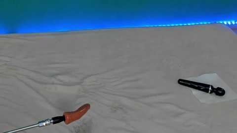 Media: Video of a beige bedspread with a black vibrator and a brown, wooden-handled dildo on it. The background features a glowing blue LED strip light.