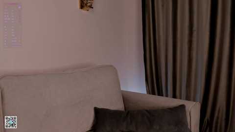 Media: A video of a minimalist living room featuring a beige couch with a single gray throw pillow, draped in dark gray curtains, and a subtle wall-mounted light fixture.