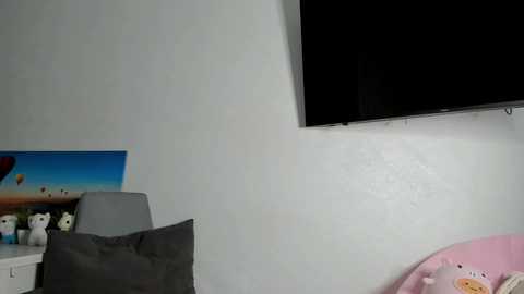 Media: Video of a minimalist bedroom corner with a black TV mounted on a white wall, a gray cushion, and a colorful beach-themed painting on the left.