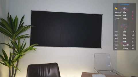 Media: Video of a minimalist office room with a black wall-mounted TV, a potted plant, and a white chair at a wooden table.