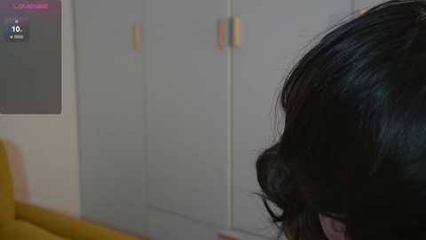 Video of a person with long, wavy black hair, partially visible, in a dimly lit room with gray cabinets and a yellow couch in the background.