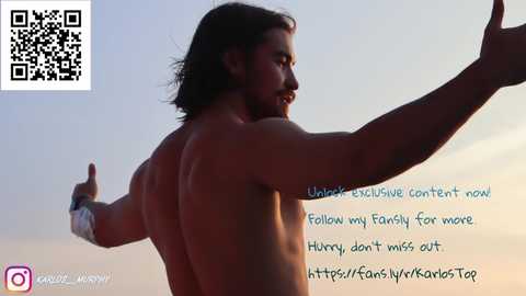 Media: Video of a shirtless, muscular man with long hair, wearing a wristband, arms outstretched against a sunset sky, with text overlay.
