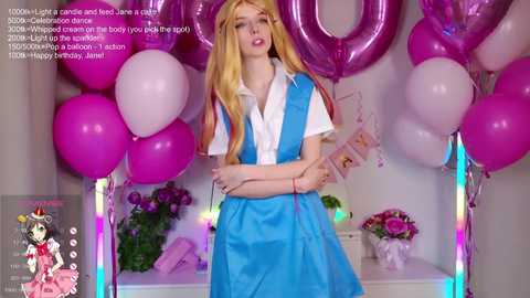 Media: Video of a young woman in a vibrant blue dress and pink wig, surrounded by pink balloons, holding a gift.