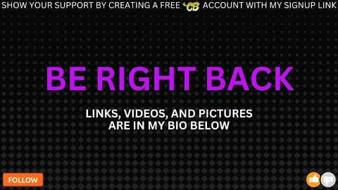 Video of a digital screen displaying a black background with a pattern of small white dots. Bold, purple text reads, \"BE RIGHT BACK,\" followed by a list of links to videos, pictures, and a big below. Icons at the bottom include a heart and a thumbs-up.