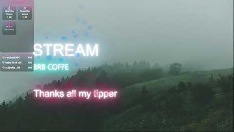 Media: Video of a misty mountain landscape with a digital overlay reading \"THANKS ALL MY TIPPER\" and \"STREAM\" in glowing white and pink letters.