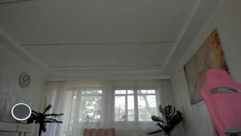 Media: Video of a bright, minimalist living room with white walls, large windows, pink sofa, and abstract art on the wall, featuring a round clock and a selfie ring light.