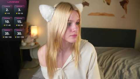 Media: Video of a blonde woman in a white hoodie with cat ears, sitting in a bedroom with a bed, lamp, and world map on the wall.