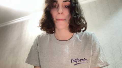 Media: Video of a young person with shoulder-length, wavy brown hair, fair skin, and a neutral expression, wearing a light grey \"California\" t-shirt. Background features off-white, textured wallpaper and a soft, diffused light source.
