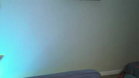 A video of a room with a pale green wall and a blue couch. The couch has colorful pillows and is partially visible in the lower right corner.