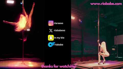 Media: Video: A blonde woman in a black leotard performs a pole dance against a dark backdrop. Text: \"Thanks for watching!\