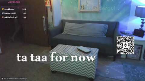 Media: Video of a dimly lit room with a grey couch, a white zigzag ottoman, and a TV screen displaying \"taa for now\" text.