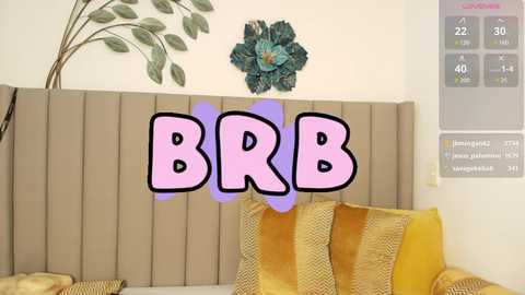 Media: Video of a bedroom with a beige headboard, a green plant, a large teal floral wall decoration, a mustard-yellow blanket, and the text \"BBB\" in bold, pink letters.