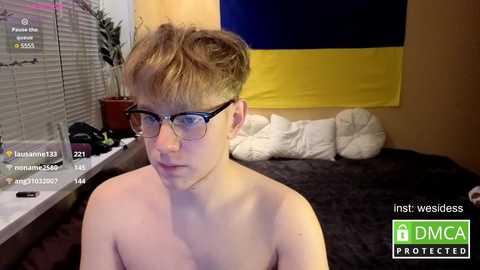 Video of a fair-skinned, short-haired, young man with glasses, wearing a black shirt, sitting on a bed with a white pillow. A large blue and yellow flag hangs on the wall behind him.