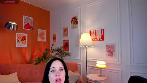 Video of a modern, orange-walled living room with framed art, a white lamp, and a woman with long black hair in the foreground.