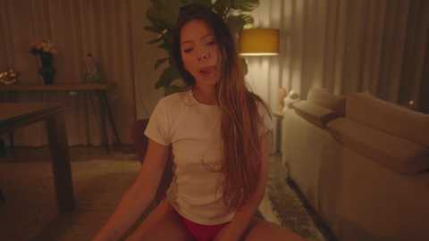 Media: Video of an Asian woman with long, wet hair, wearing a white T-shirt and pink underwear, sitting on a beige carpet in a dimly lit, cozy living room.