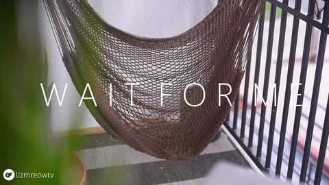 Media: Video of a beige, knitted hammock hanging from a black metal railing on a balcony. Text \"WAIT FOR ME\" overlaid.