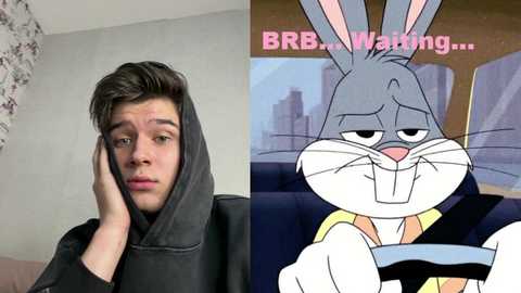 A video of a young man with messy hair and a hoodie on the left, a cartoon Bugs Bunny driving with a serious expression on the right.
