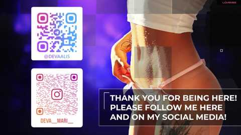 Video of a topless woman with tan skin, wearing a white headband, and a pink thong, standing against a purple background. Overlayed QR codes and text: \"Thank you for being here! Please follow me here and on my social media!\