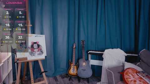 A video of a music-themed room with a blue curtain backdrop. An easel holds a colorful painting, a guitar leans against the wall, and a keyboard rests on a white chair.