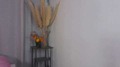 A video of a minimalist corner featuring a black metal table holding a tall vase of dried pampas grass and colorful flowers, positioned against a plain, light gray wall.