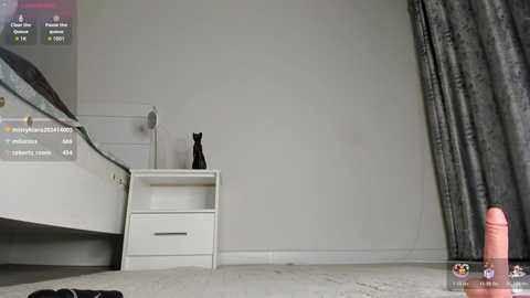 A video of a minimalist bedroom with a white bed, a small black cat figurine on a white side table, and a pink dildo on the floor.