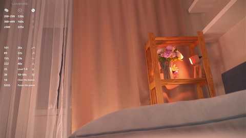 A video of a cozy room with beige curtains, a wooden shelf holding pink flowers, and a dimly lit lamp casting a soft glow.
