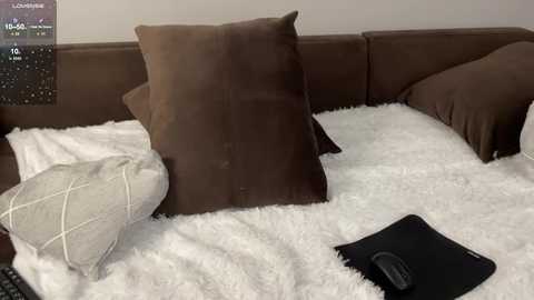 A video of a plush brown couch with a white shag rug, featuring two large brown pillows, a white cushion, and a black remote control on the rug.