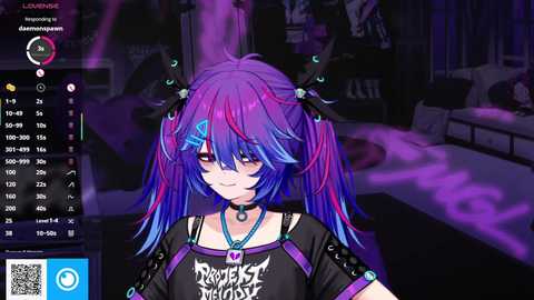 This is a digital drawing of a young woman with purple hair in twin tails, wearing a black shirt with \"Rotten Maiden\" text, and a choker. The background is a dark room with purple lighting and a couch.