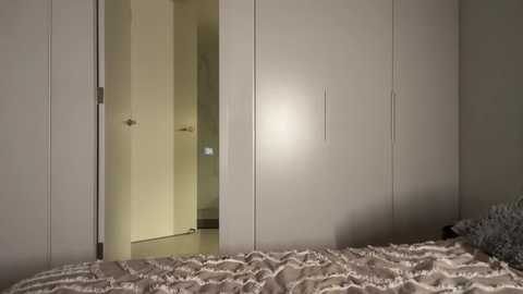 Video of a modern bedroom with beige wall panels, a partially open closet revealing an adjacent room, and a bed with a textured, patterned comforter.