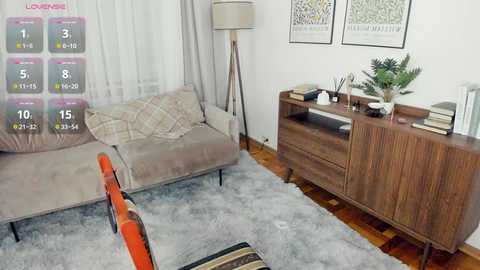 Video of a modern living room with a beige sofa, wooden cabinet, plant, and framed art on white walls; digital overlay displays \"Louvre Collection\" with room details.