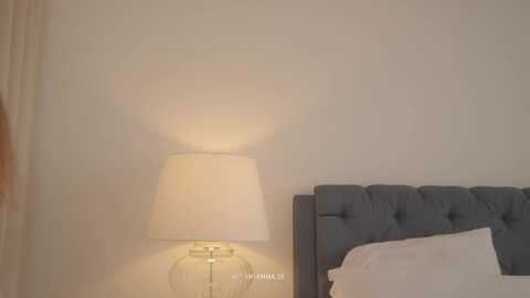 A video of a modern bedroom featuring a grey tufted headboard, a white bed with white pillows, and a stylish, white lamp emitting a soft glow on the beige wall.